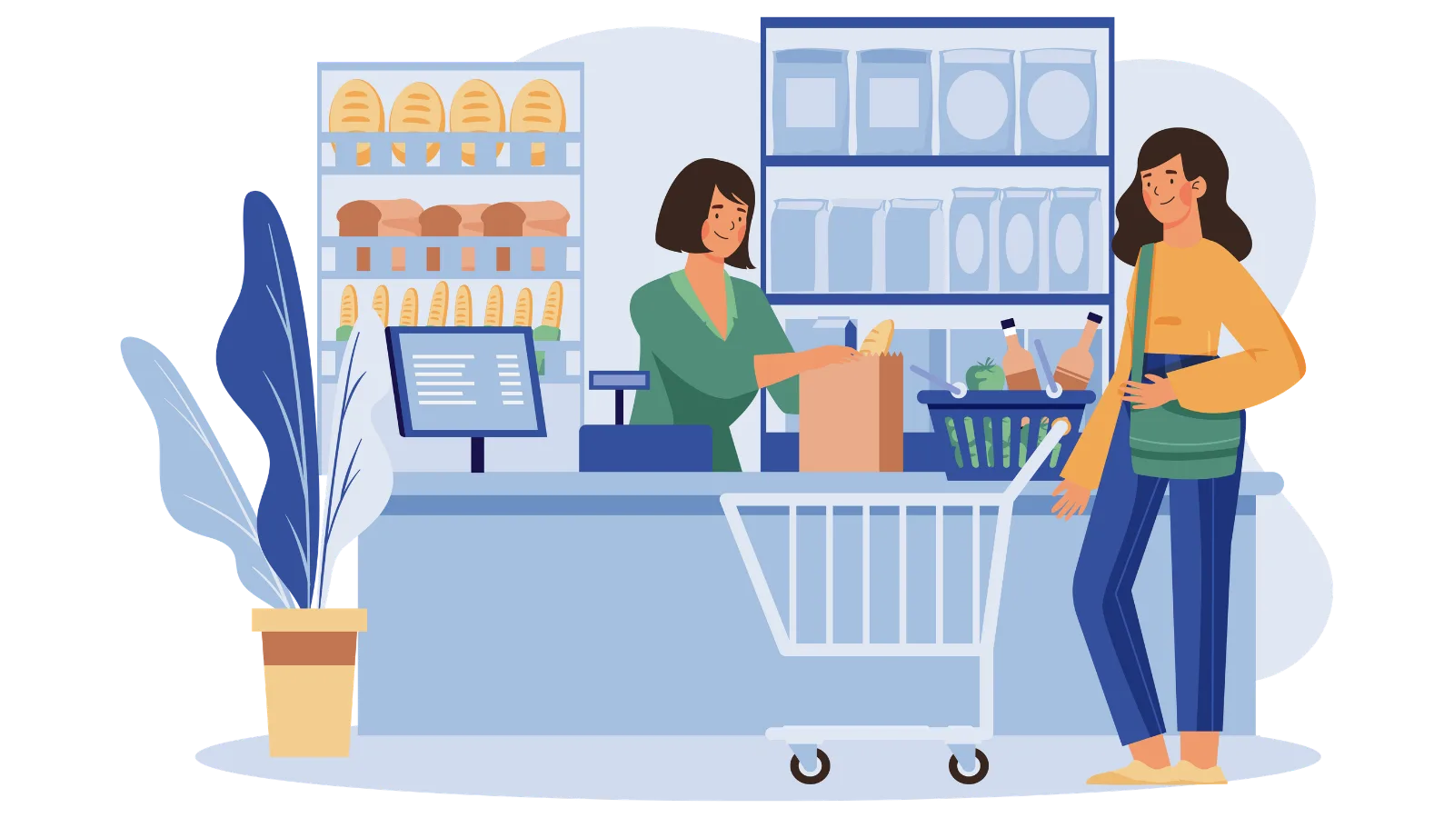 Grocery cashier bagging groceries for a shopper at checkout